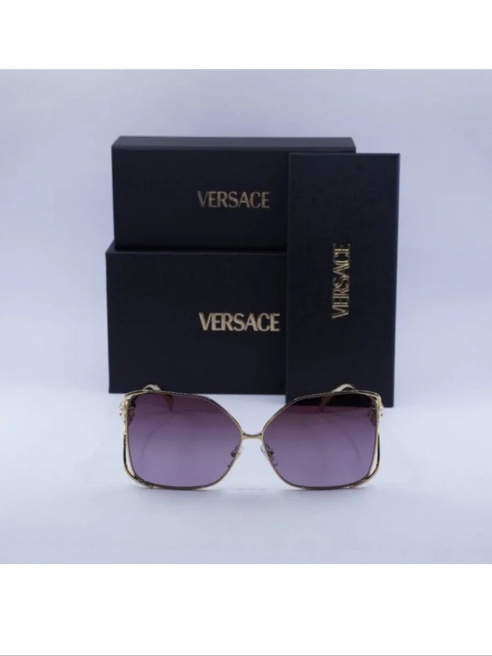 Versace Violet Lens Gold Frame Medusa Accent Womens Sunglasses Eyewear